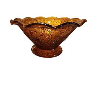 Vintage Indiana Tiara Amber Glass Ruffled Console Fruit Bowl Footed 10” x 5” San